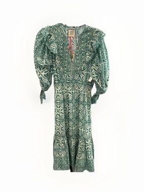 Bell By Alicia Bell Green Patterned Puff-Sleeve Midi Dress Sz Sm